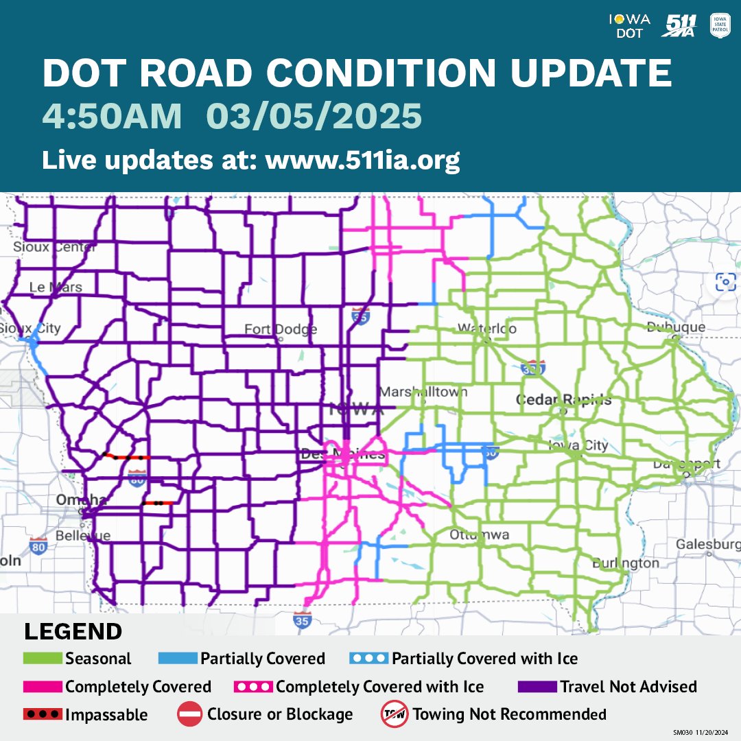 ⚠️Travel Not Advised⚠️across the western half of Iowa this morning with blowing/drifting snow. IA 44 west of Harlan and US 6 between Oakland and Lewis are impassable. High winds are pushing visibilities very low as this dangerous system marches east. Stay home and stay safe!