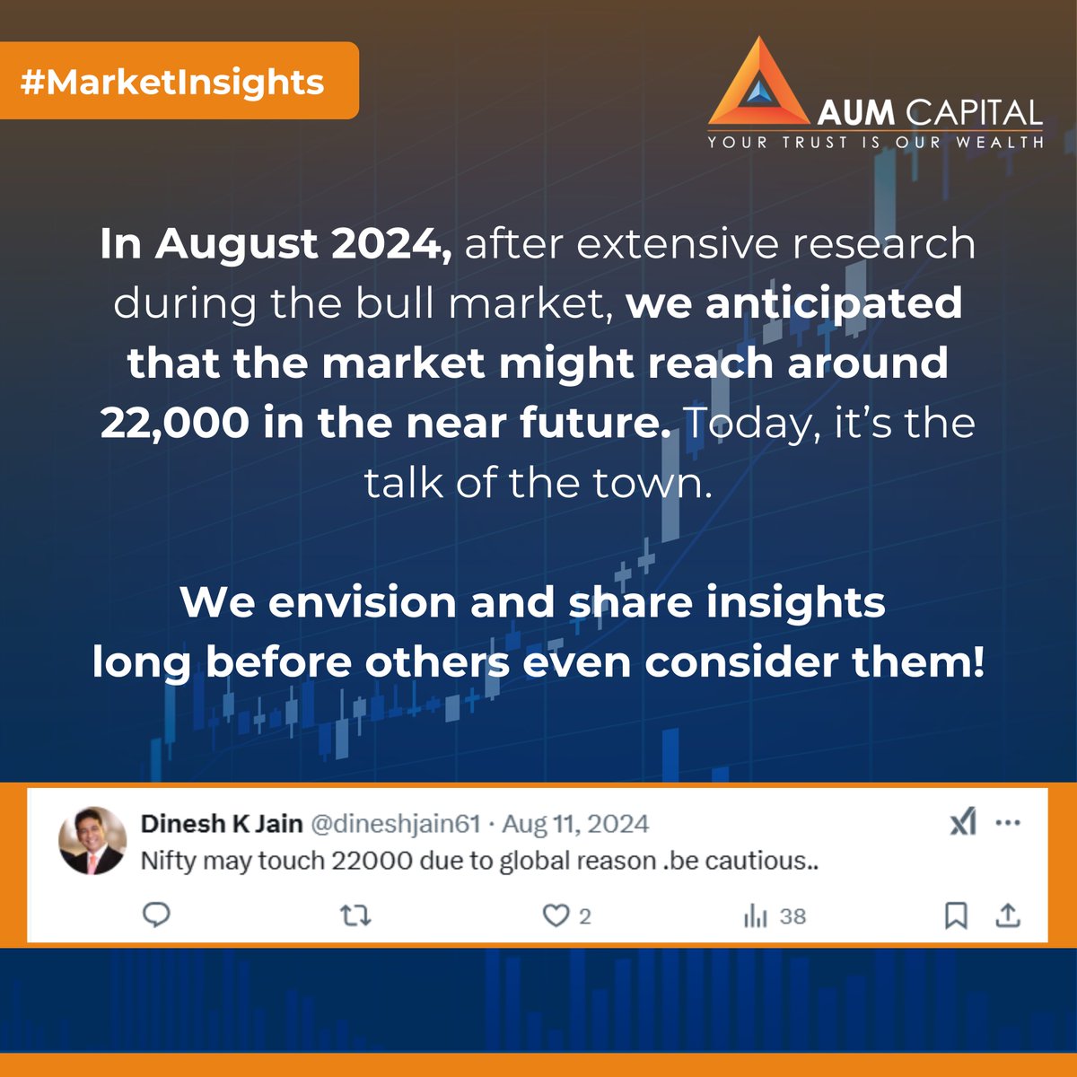 In August 2024, after thorough research, we anticipated the Nifty touching 22,000 - and today, it’s a reality. At AUM, we don’t just track markets - we foresee possibilities!

#MarketInsights #nifty50 #StockMarket #InvestmentStrategy #bearmarket #capitalmarkets #AUMCapital