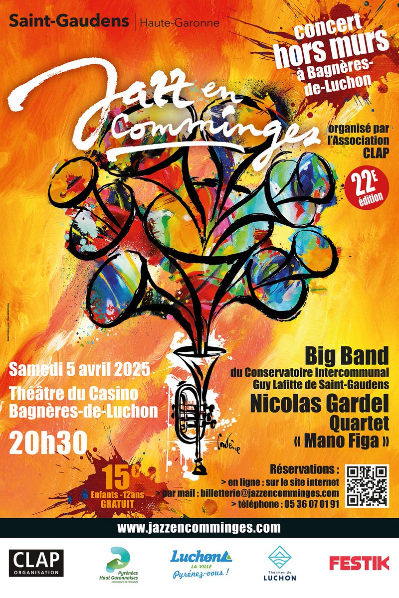 Pour lancer sa 22e édition, Jazz en Comminges vous propose un premier rendez-vous !
Direction Luchon, le 5 avril, pour découvrir Nicolas Gardel Quartet et le Big Band du Conservatoire Guy Lafitte.
jazzencomminges.com/nicolas-gardel…