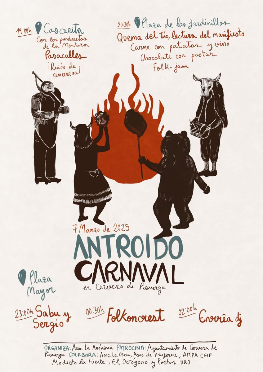 🎉 ¡Carnaval tradicional de Cervera de Pisuerga! 🎭

📅Fecha: 7 de marzo.
📍 19:00h Cascarita: Pasacalles con panderetas🔔
📍 20:30h Plaza de los Jardinillos: Quema del Tío, carne con patas, vino y chocolate 🍷
📍 23:00h Plaza Mayor: Baile con la, ¡mejor música del momento! 🎶🔥