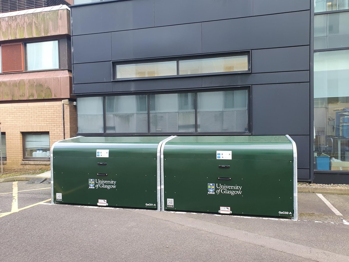 Thanks for <a href="/CyclingScotland/">Cycling Scotland</a> funding, 2 secure bike hangars are now installed at Wolfson Wohl Building. Hopefully gets more of our staff and students to arrive by bike <a href="/UofGCancerSci/">UofG Cancer Sciences</a>