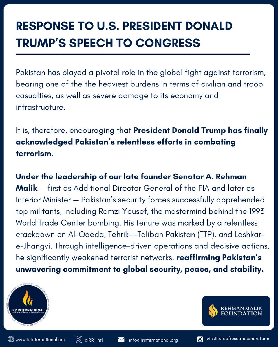 Institute of Research & Reforms, International (@irr_intl) on Twitter photo Pakistan 🇵🇰 has played a pivotal role in the global fight against terrorism. It is, therefore, encouraging that President <a href="/realDonaldTrump/">Donald J. Trump</a> 🇺🇸 has finally recognised #Pakistan’s efforts.
Our statement on President #DonaldTrump’s speech to Congress: ⬇️ Pakistan 🇵🇰 has played a pivotal role in the global fight against terrorism. It is, therefore, encouraging that President <a href="/realDonaldTrump/">Donald J. Trump</a> 🇺🇸 has finally recognised #Pakistan’s efforts.
Our statement on President #DonaldTrump’s speech to Congress: ⬇️