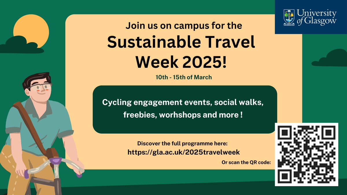 .<a href="/UofGlasgow/">University of Glasgow</a>  Sustainable Travel Week starts on Monday. Exciting workshops and events to encourage active and public transport Full program👉 gla.ac.uk/2025travelweek