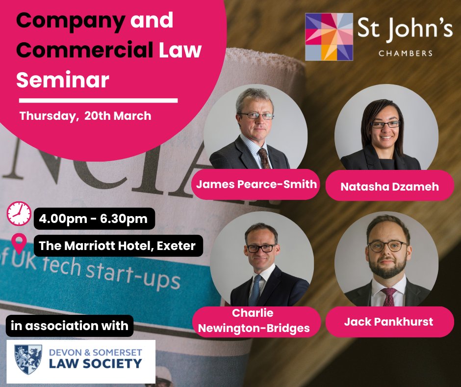 StJohnsChambers's tweet image. Our #Commerciallaw and Company team are looking forward to coming down to Exeter on 20th March to host our seminar in association with @DSLawSociety at the Marriott Hotel. 

Topics include:

📕 Unfair Prejudice: what is unfair and what is prejudicial? Charlie Newington-Bridges
📕…