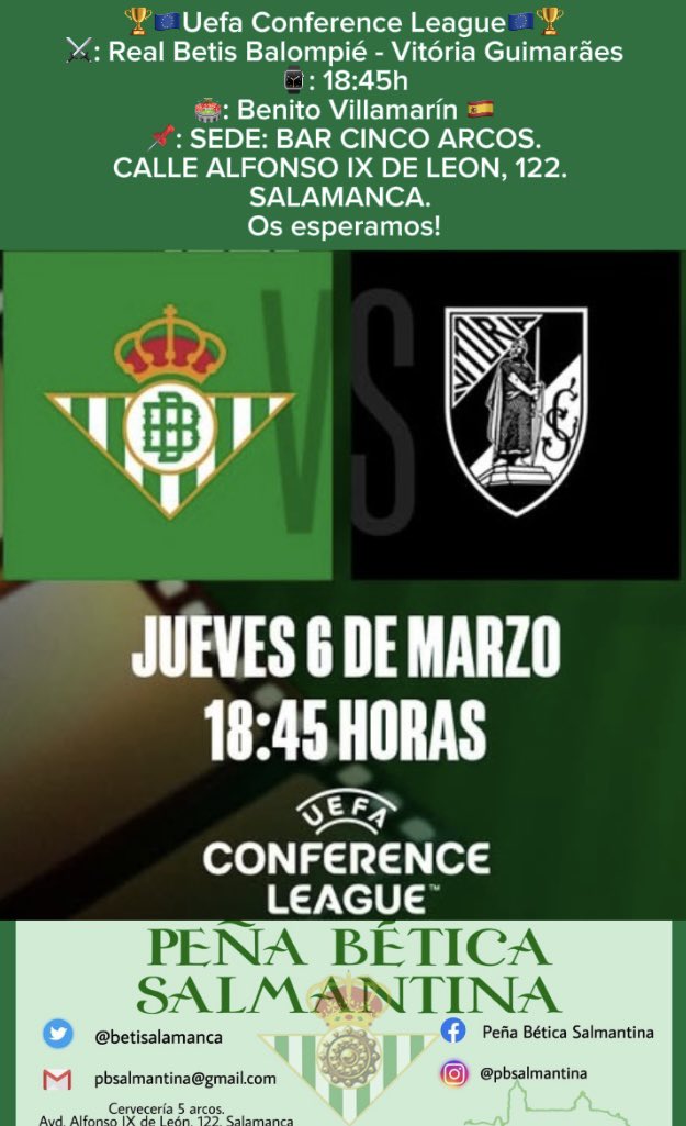 Mañana jueves 6 de marzo estaremos  a las 18’45 h en la sede de nuestra peña para ver la Ida de los octavos de la eliminatoria de la Uefa Conference League🇪🇺 🏆
📌: BAR CINCO ARCOS, arriba del Corte Inglés.