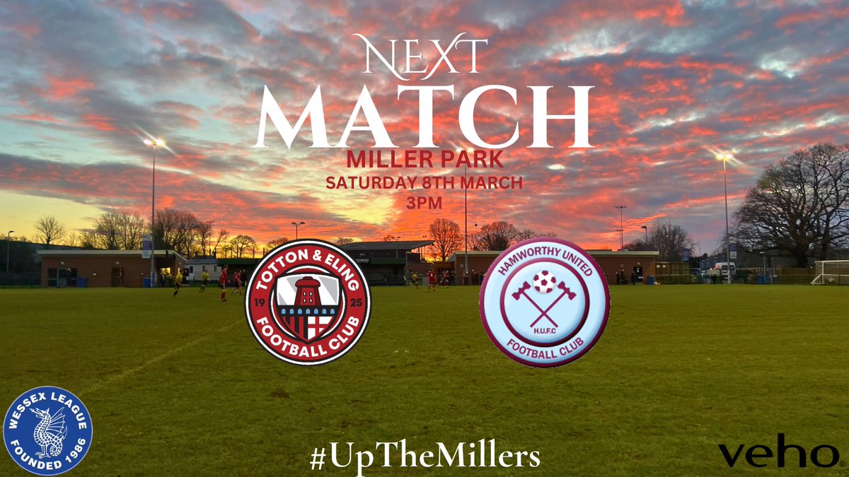 Totton and Eling FC (@tottonelingfc) on Twitter photo 🔴⚫️NEXT UP⚫️🔴
Our run of home games continues Saturday with Hamworthy United the visitors to Miller Park
🆚 <a href="/HamworthyUtdFC/">Hamworthy United FC</a>
🏆 Wessex League Division One
📍 Miller Park, SO40 3ND
📆 Saturday 8th March
🕒 3pm
💷 Adults: £6 | Concessions: £3 | Under 18’s: Free
#Millers 🔴⚫️NEXT UP⚫️🔴
Our run of home games continues Saturday with Hamworthy United the visitors to Miller Park
🆚 <a href="/HamworthyUtdFC/">Hamworthy United FC</a>
🏆 Wessex League Division One
📍 Miller Park, SO40 3ND
📆 Saturday 8th March
🕒 3pm
💷 Adults: £6 | Concessions: £3 | Under 18’s: Free
#Millers