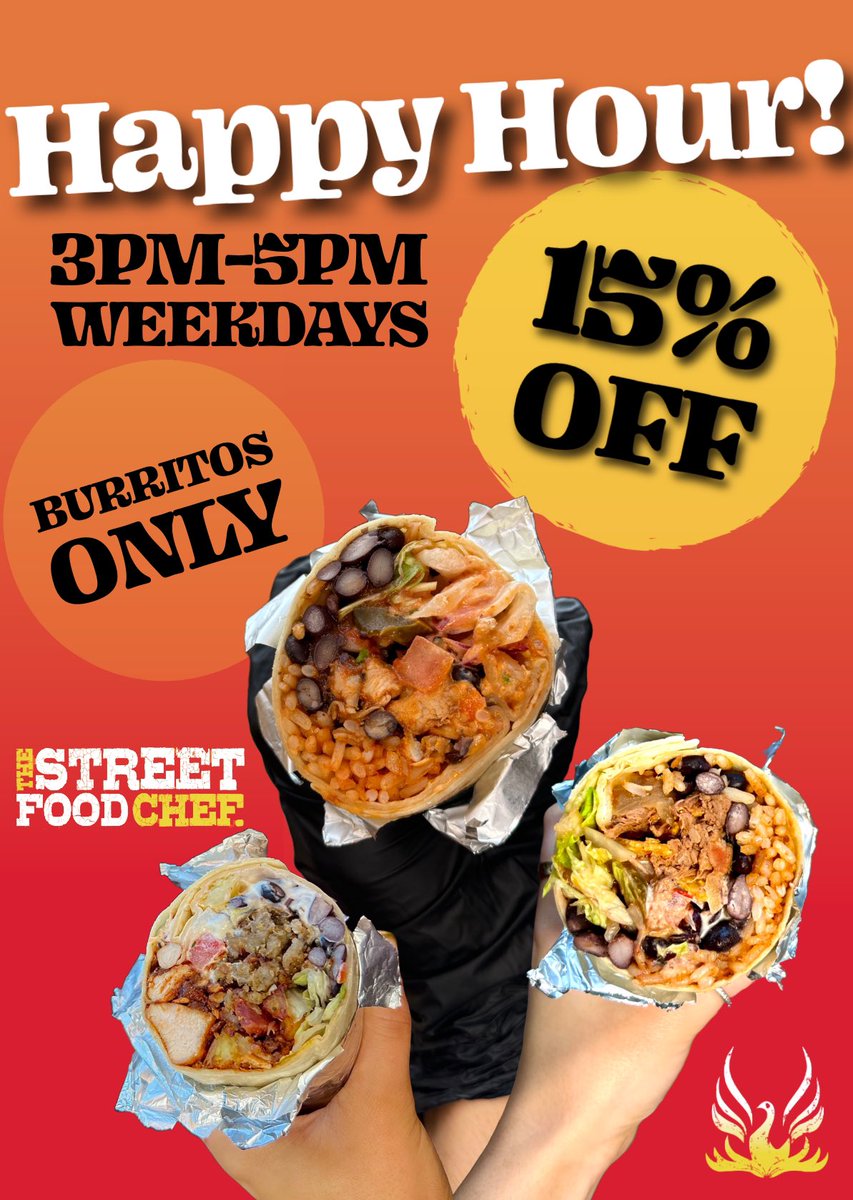 HAPPY HOUR!🌯 15% off!🫣🤩
Between 3pm - 5pm on weekdays
BURRITOS only