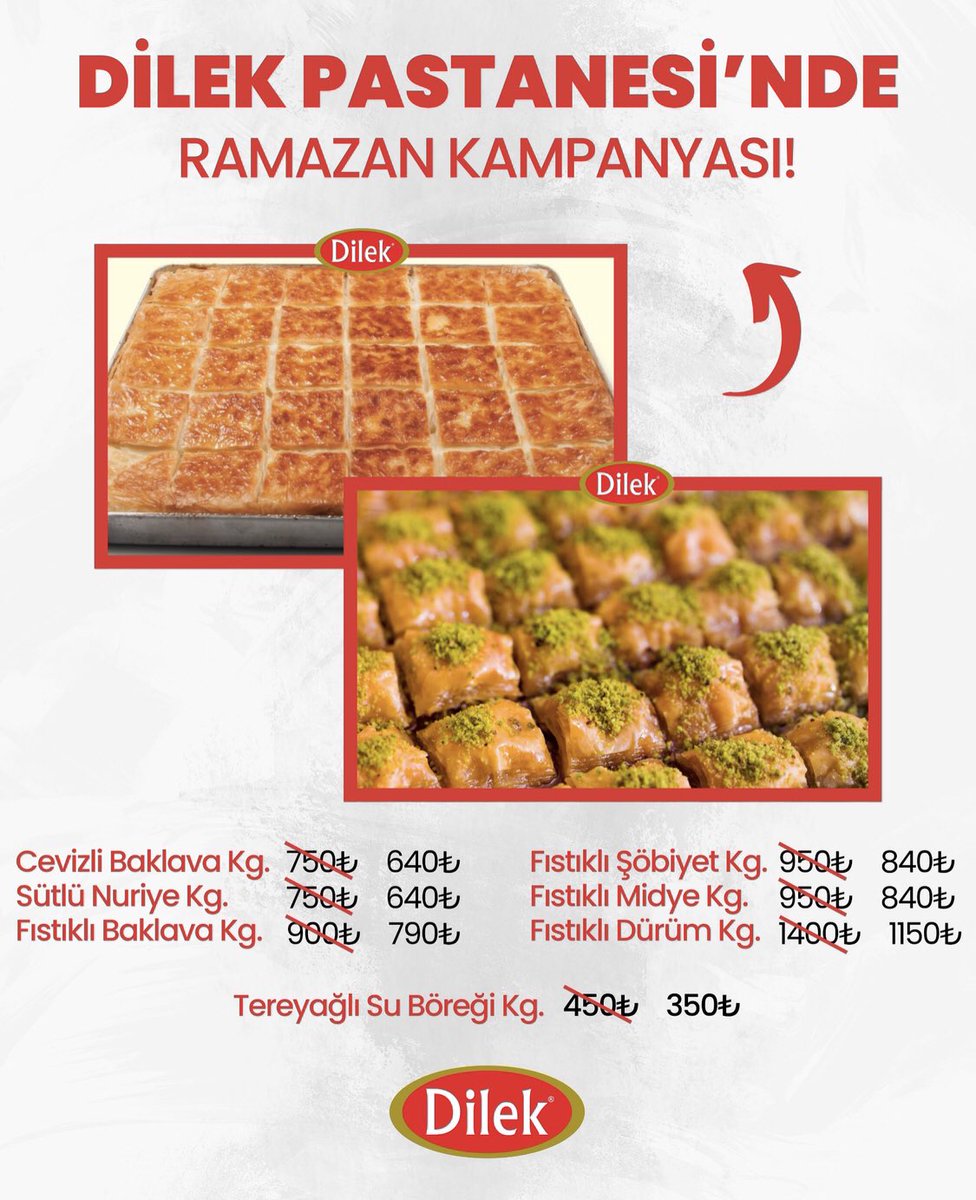 dilekpastane's tweet photo. Dilek Pastaneleri'nde; baklavadan şöbiyete, sütlü nuriye’den su böreğine kadar en sevilen tatlar özel indirimlerle sizleri bekliyor! Ramazan boyunca geçerli olacak bu kampanyadan yararlanmak için sizleri şubelerimize bekliyoruz!

#Dilek #DilekPastanesi https://t.co/4QyTNEQizs