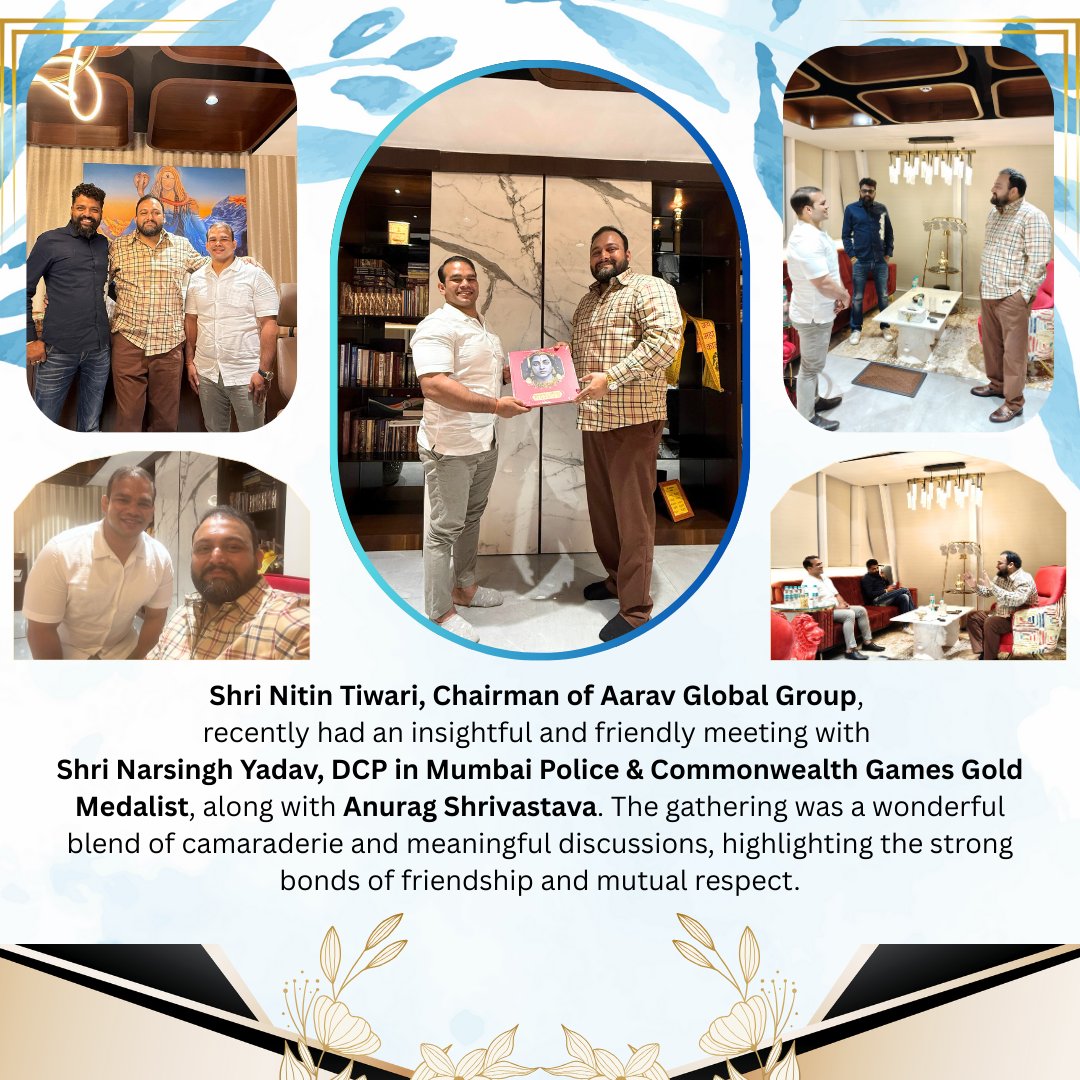 News21Ind's tweet photo. Shri Nitin Tiwari, Chairman of Aarav Global Group, enjoyed a productive and friendly meeting with Shri Narsingh Yadav, DCP in Mumbai Police and Commonwealth Games Gold Medalist, and Anurag Shrivastava.
To know more- https://t.co/gKJFaTcbZ4
Like. Share. Comment https://t.co/IMdNv238ca