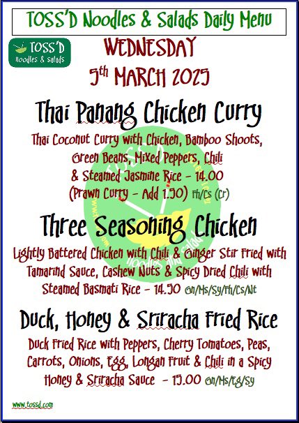 TOSSD's tweet photo. WEDNESDAY: 05/03/2025
CALL & COLLECT - Call 018291607
.
.
.
#tossd #lunchdublin #noodles #ramen #lunch #chqdublin #lovindublin #restaurants #food #LunchTime #eat #fresh #thaifood #vegetarian #vegan #lunchbreak #lunchspecial #lunchmenu #asianeats #asianfood #thai #dublinfoodie https://t.co/bprLXUHgt8