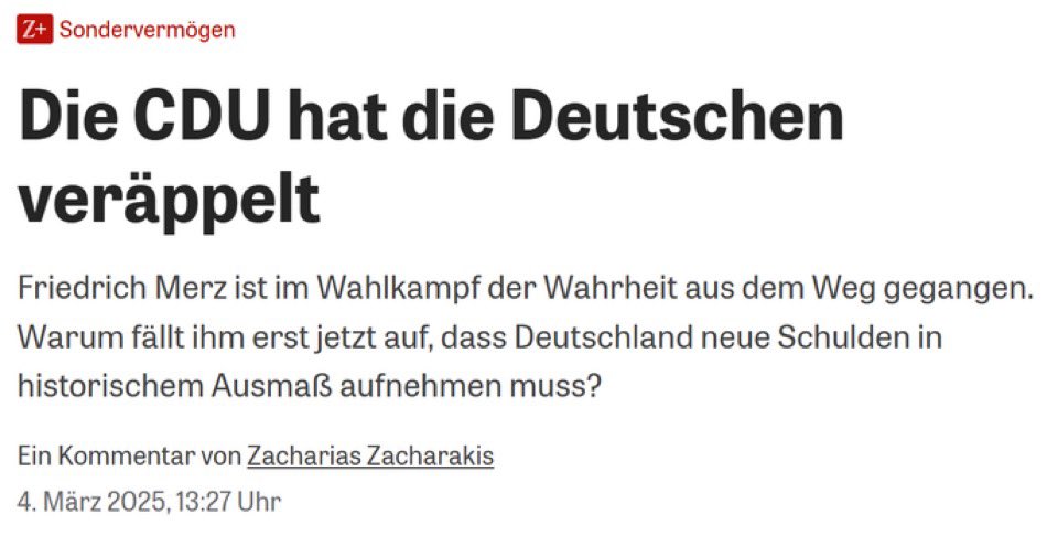 Grün hätte durch Steuererhöhung bei den Reichsten einen guten Teil der Mehrausgaben kompensiert. 

Bei der CDU/CSU sind nun alles Schulden. 

Haben das schon alle CDU/CSU-Wähler verstanden?