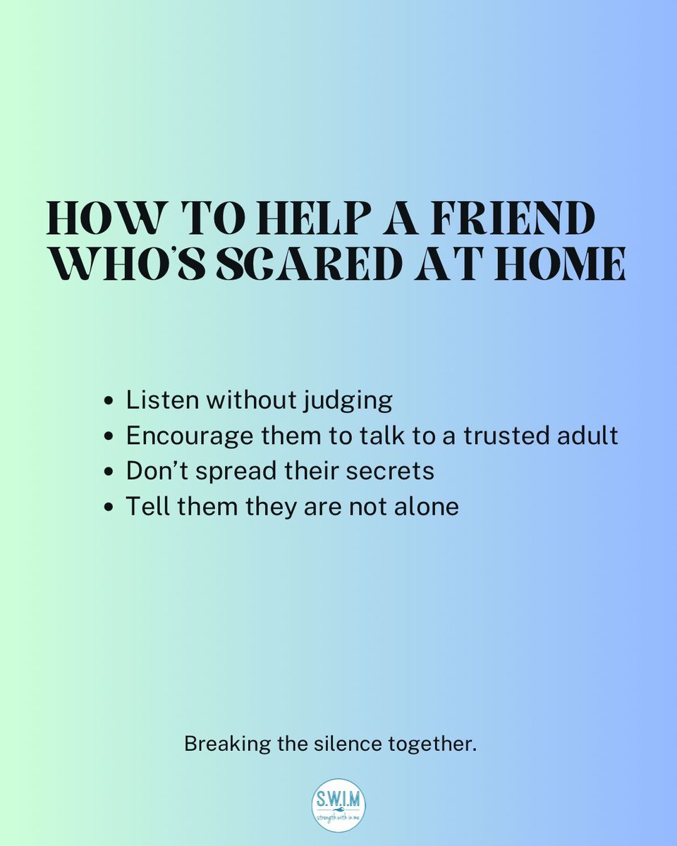 SWIM_DV's tweet image. Helping a friend through tough times can be hard, but just being there for them means everything. 💙 If someone you care about is scared at home, listen without judgment, and encourage them to talk to a trusted adult.
You can be the person who makes a difference. 💪