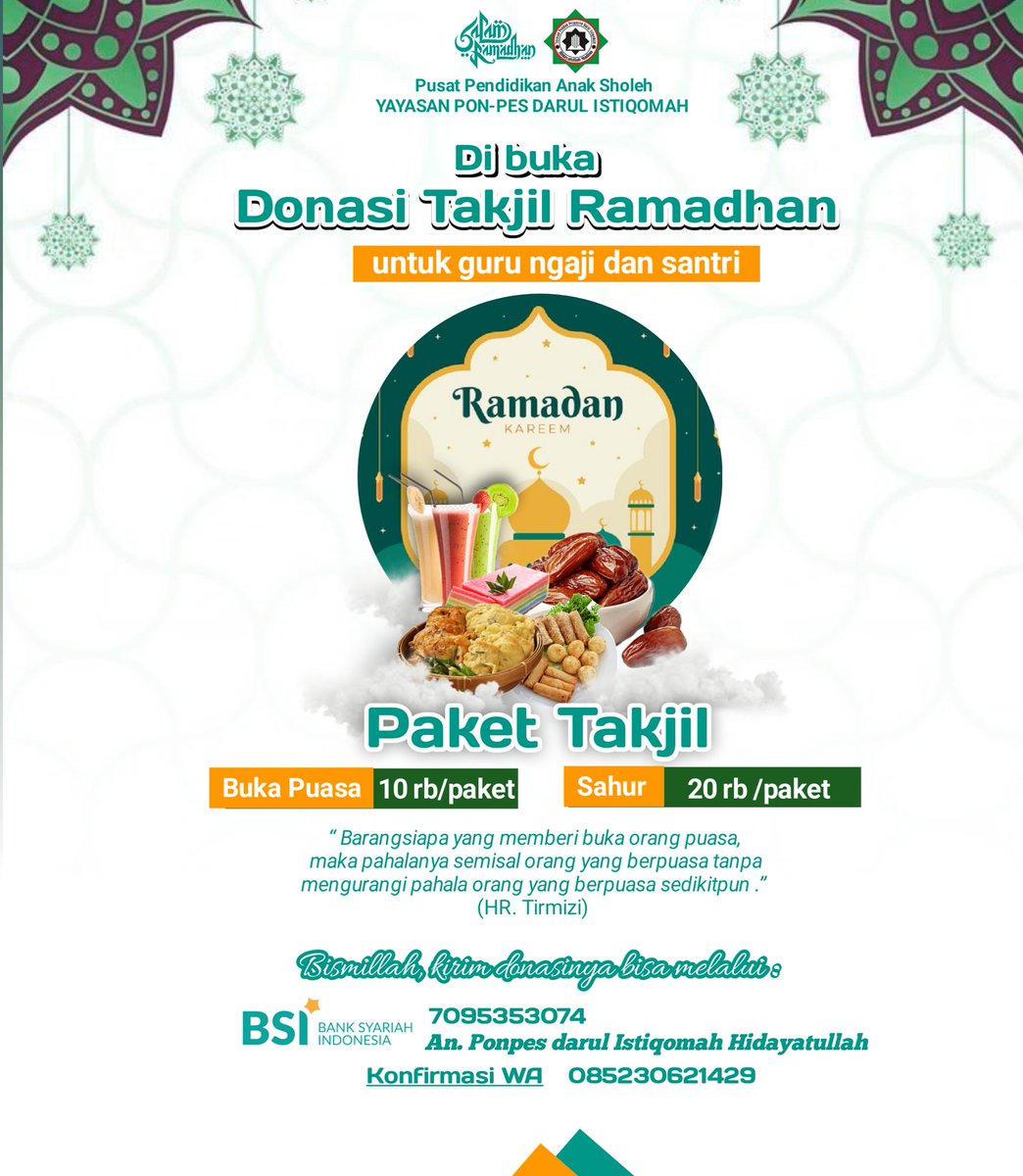 Beli Takjil untuk para santri dan guru Ngaji titip dari sahabat Muhsinin ke pesantren kita. Semoga Allah balas dengan berlipat ganda kebaikan kpd Bpk/ibu yg sudah memberi. Aamiin

Ada yg mau ikut berbagi takjil? 
Perpaket 10.000. InsyaAllah berkah