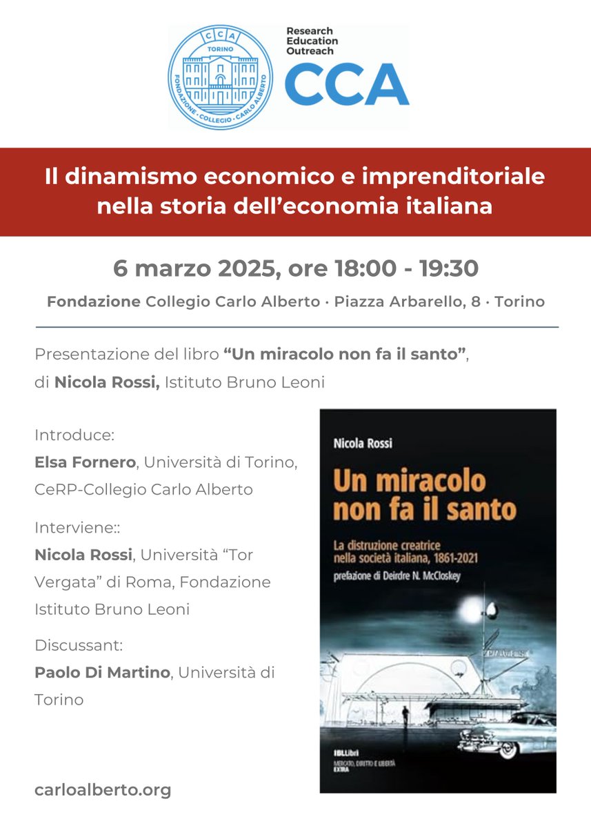 CollegioCA's tweet photo. Il 6 marzo, ore 18:00 partecipa all’incontro “Il dinamismo economico e imprenditoriale nella storia dell’economia italiana” organizzato dal Master #WeDA.
Presenteremo il libro “Un miracolo non fa il santo” con il suo autore, il Prof. #NicolaRossi, già professore di Economia politica presso l’Università “Tor Vergata” di Roma, componente del CdA dell’@istbrunoleoni.

Info e registrazione: https://t.co/xCnSiO7FO0
