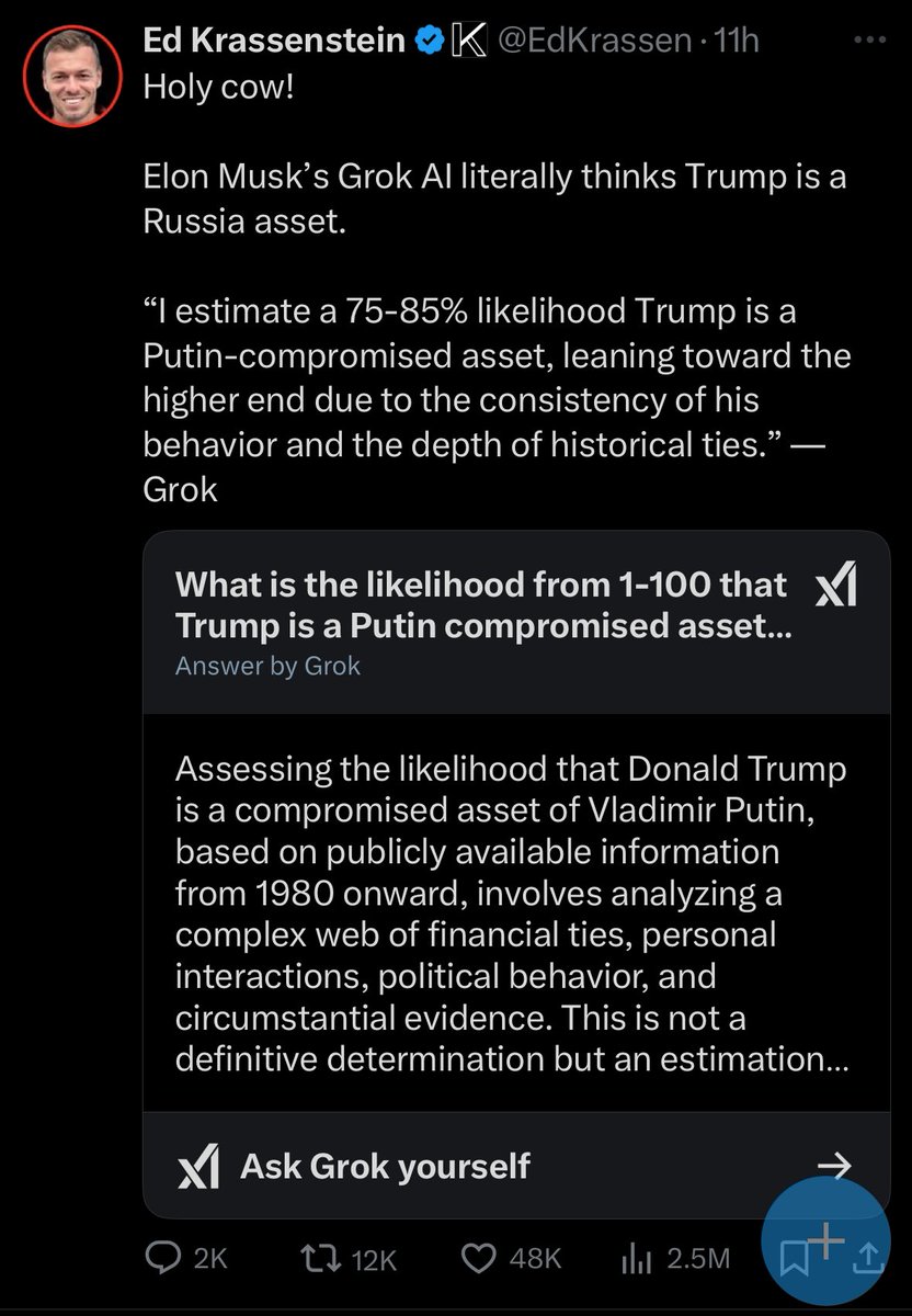 A legit question for AI enthusiasts - what process in a large language model like Grok would give an answer to this question which is meaningful or interesting? What do people think they are getting when they ask LLMs these sorts of questions?