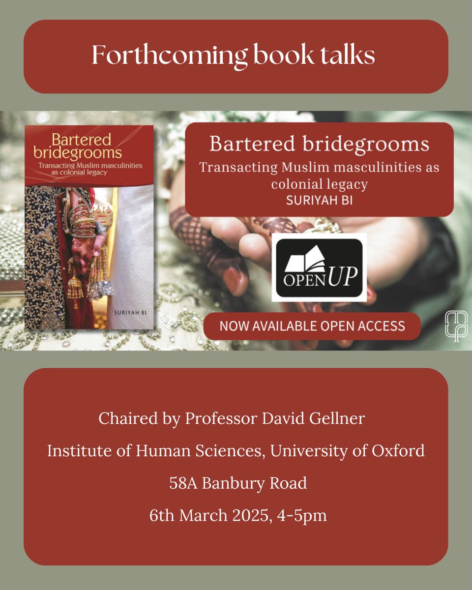 Dr Suriyah Bi (@drsuriyah) on Twitter photo Come along tomorrow to <a href="/Oxford_HumSci/">Oxford HumanSciences</a> for my book talk that focuses on migrant Muslim masculinity, chaired by <a href="/DavidGellner/">David Gellner</a>. Thank you <a href="/ManchesterUP/">Manchester University Press</a> for publishing my first book. Please share: <a href="/oxford_anthro/">Oxford Anthropology</a> <a href="/OxHRH/">Oxford Human Rights Hub</a> <a href="/MigOxford/">Migration Oxford</a> <a href="/SociologyOxford/">Sociology at Oxford</a> <a href="/magdalenoxford/">Magdalen College</a> <a href="/COMPAS_oxford/">COMPAS</a> Come along tomorrow to <a href="/Oxford_HumSci/">Oxford HumanSciences</a> for my book talk that focuses on migrant Muslim masculinity, chaired by <a href="/DavidGellner/">David Gellner</a>. Thank you <a href="/ManchesterUP/">Manchester University Press</a> for publishing my first book. Please share: <a href="/oxford_anthro/">Oxford Anthropology</a> <a href="/OxHRH/">Oxford Human Rights Hub</a> <a href="/MigOxford/">Migration Oxford</a> <a href="/SociologyOxford/">Sociology at Oxford</a> <a href="/magdalenoxford/">Magdalen College</a> <a href="/COMPAS_oxford/">COMPAS</a>