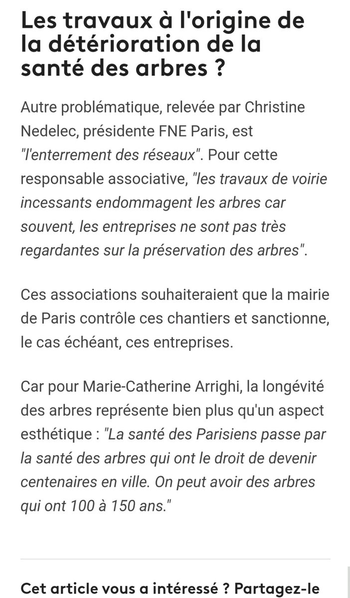 Interviewée par France 3 pour <a href="/ProtectionArbre/">Protection Arbres et Faune - PAF</a>

 "quand on coupe un #arbre adulte, c'est un échec(...)il faut que la Ville de #Paris, soit remette les grilles Davioud, soit végétalise,il ne faut pas laisser le sol nu parce qu'il va se compacter"
#abattages
france3-regions.francetvinfo.fr/paris-ile-de-f…