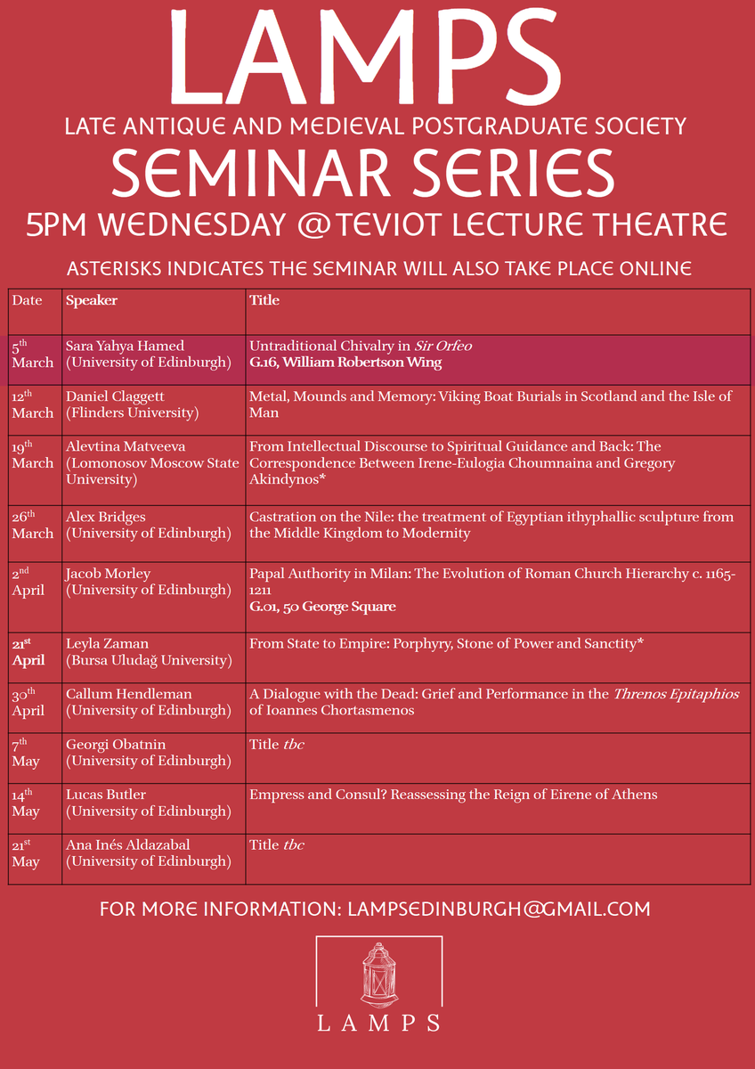 Today our first seminar of the semester "Untraditional Chivalry in Sir  Orfeo" by Sara Yahya Hamed will take place at 5 PM in G.16 (Doorway 4,  William Robertson Wing). We hope to you see there!