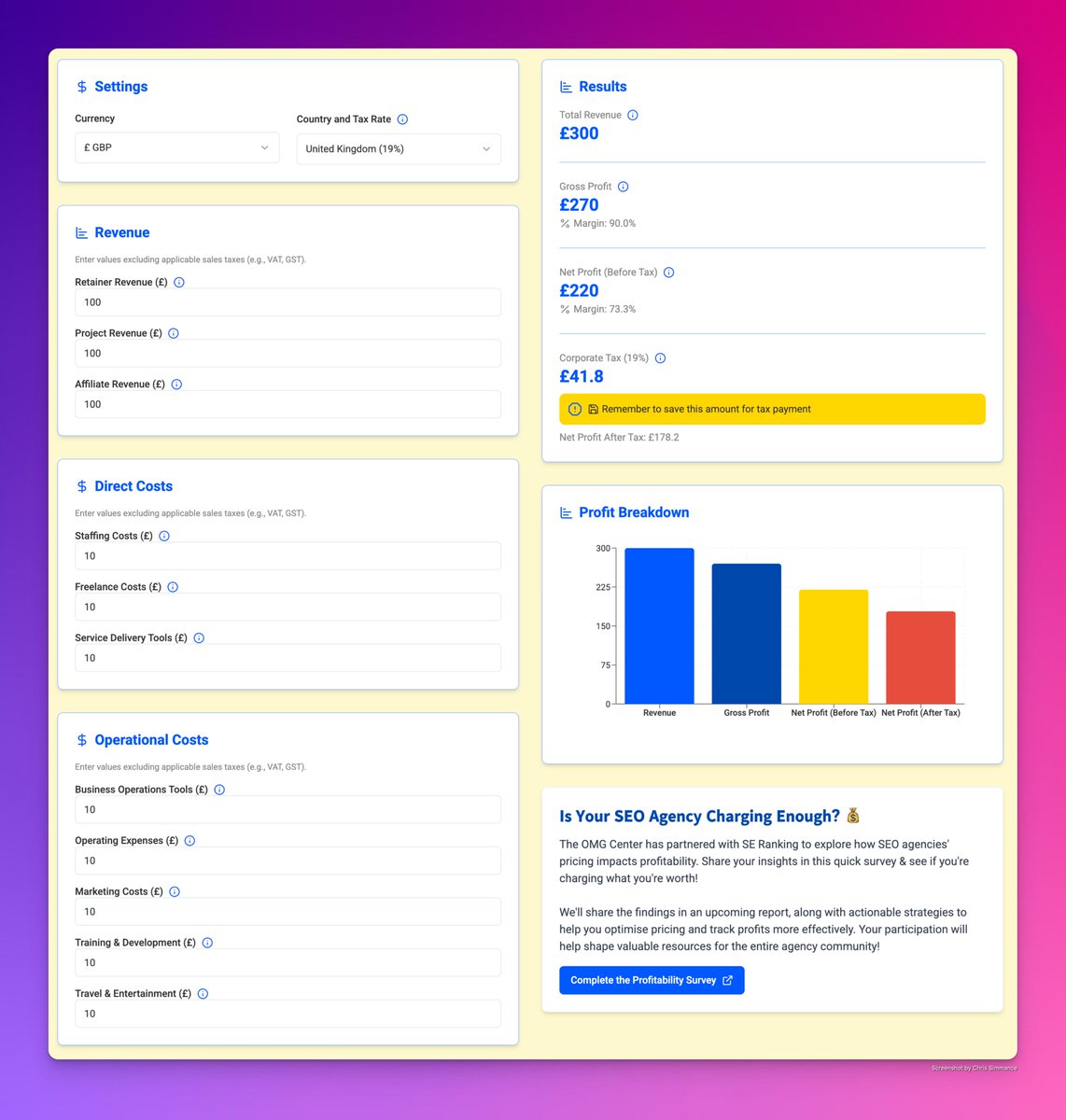Just launched this in collaboration with <a href="/SERanking/">SE Ranking</a> give it a try!
omg.center/profit