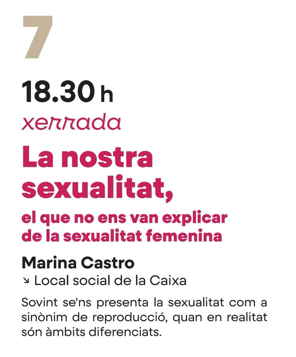 🔊 Dins del projecte Alt(r)aveu i de cares a la reivindicació del #DiaDeLaDona us convidem a la xerrada de Marina Castro: "La nostra sexualitat, el que no ens van explicar de la sexualitat femenina" 

📆Divendres 7 
⏰A les 18:30 h 
📍Local social de la Caixa