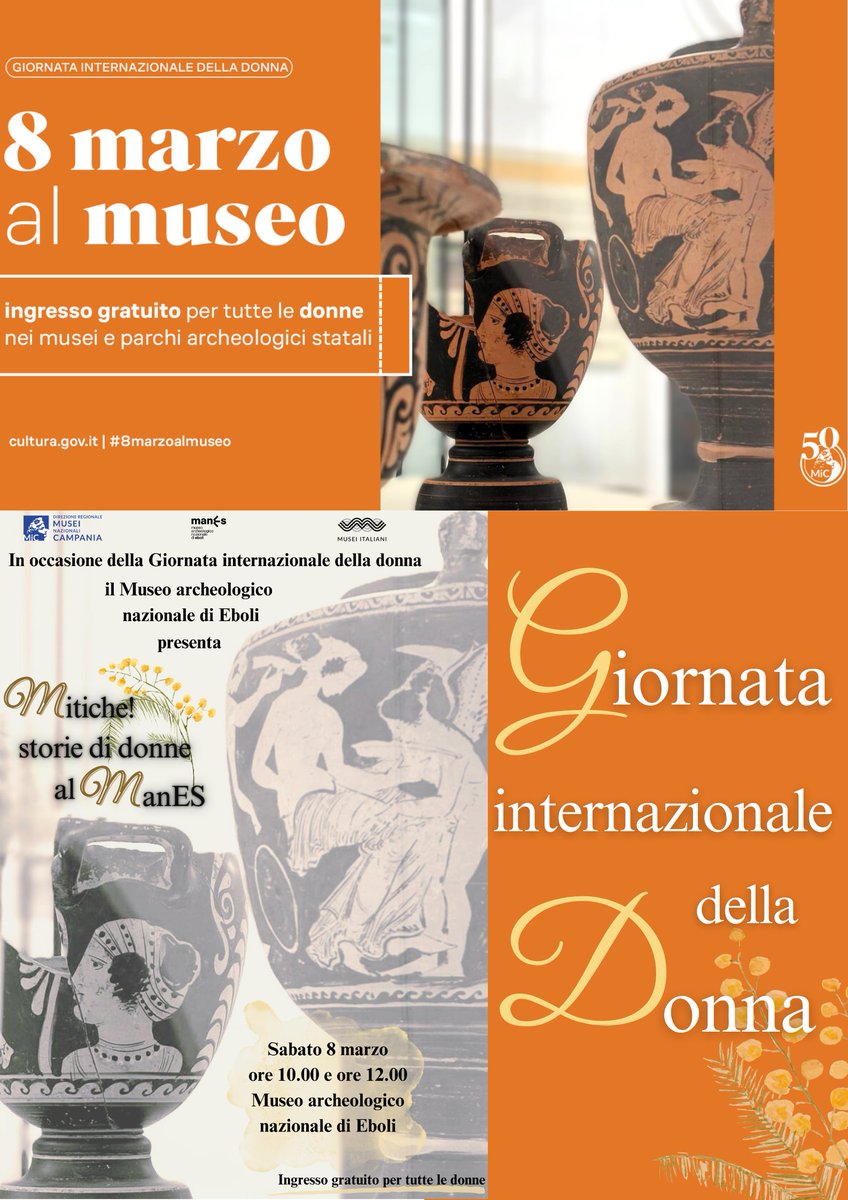 #giornatainternazionaledelladonna, sabato #8marzo al <a href="/Museo_Eboli/">MuseoArcheologicoNazionaleEboli</a>,  con ingresso gratuito per le donne.🆓
⏰h.10 e h.12 Mitiche! Storie di donne al ManES, visite guidate tematiche alla scoperta dell'universo femminile nell'antichità.🌼🏛️
Visite guidate gratuite senza prenotazione