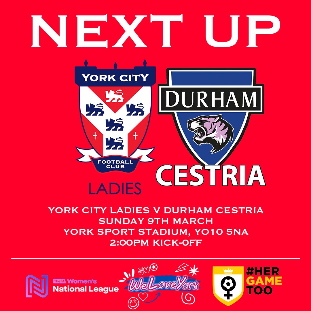 Our designated 'Her Game Too' fixture! 

We are delighted to announce that all attendees of Saturday's <a href="/YorkCityFC/">York City FC</a> v Forest Green Rovers game as YCFC Season Ticket Holders or Ticket Buyers for the game, are invited to come along and watch York City Ladies for FREE!