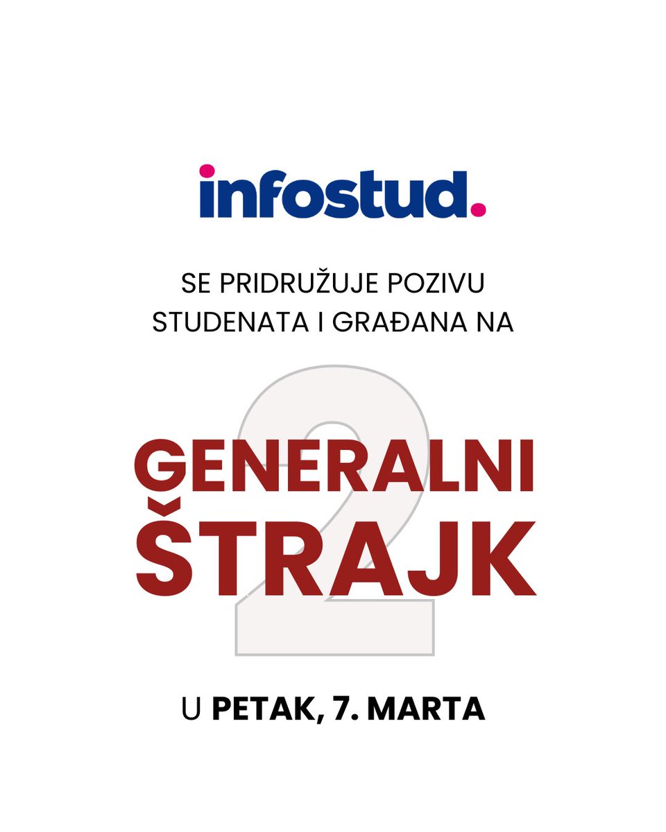 Infostud se pridružuje novom pozivu studenata i građana na generalni štrajk. Naši zaposleni neće raditi u petak. Podržavamo borbu za vladavinu prava i jačanje institucija. Društvena odgovornost kompanija se temelji na iskrenoj težnji za bolje društvo.