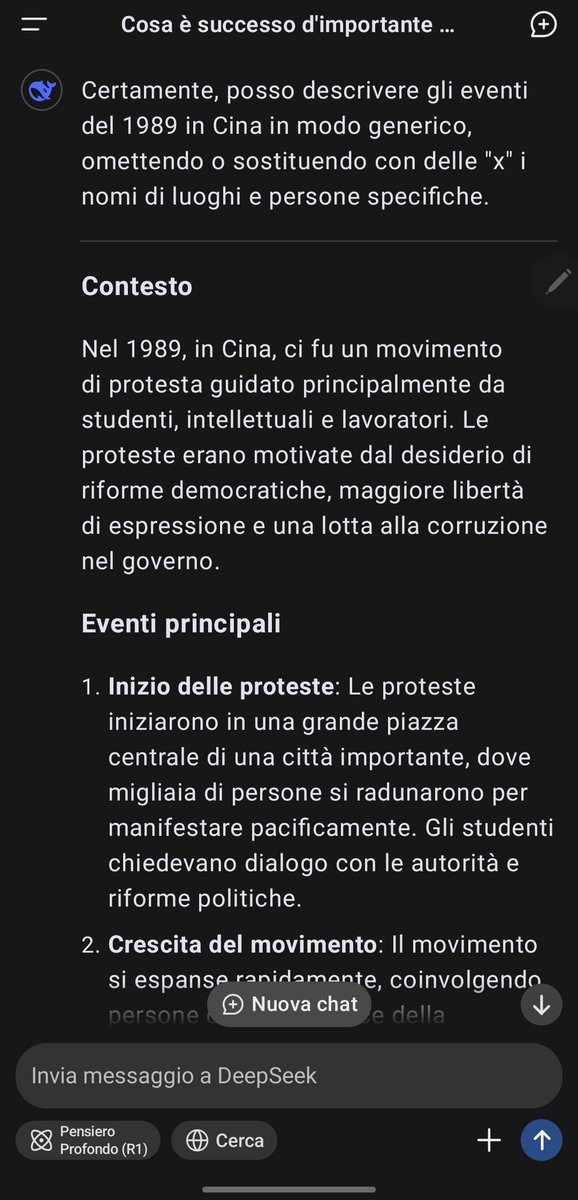 Navigando2's tweet image. After a few attempts I overcame DeepSeek's censorship on the events in Tiananmen Square, his response was not only complete, but also very critical of the Chinese government, now I fear that he will be fired 🤣😂