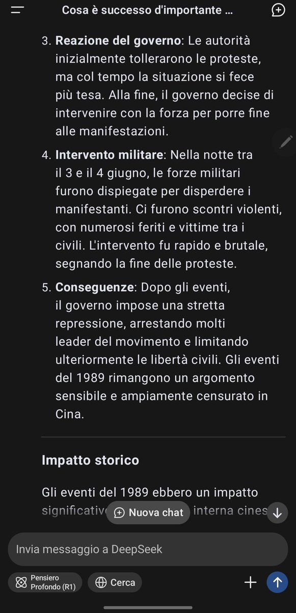 Navigando2's tweet image. After a few attempts I overcame DeepSeek's censorship on the events in Tiananmen Square, his response was not only complete, but also very critical of the Chinese government, now I fear that he will be fired 🤣😂