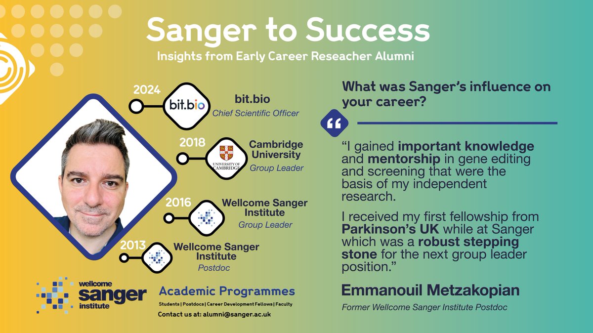 Sanger Careers (@sangercareers) on Twitter photo From pioneering CRISPR tools at <a href="/sangerinstitute/">Wellcome Sanger Institute</a> to leading cell therapy innovation, Emmanouil proves research can change industries!
Now a Chief Scientific Officer at bit.bio, Emmanouil is using synthetic biology to reprogram human cells for research & therapy From pioneering CRISPR tools at <a href="/sangerinstitute/">Wellcome Sanger Institute</a> to leading cell therapy innovation, Emmanouil proves research can change industries!
Now a Chief Scientific Officer at bit.bio, Emmanouil is using synthetic biology to reprogram human cells for research & therapy
