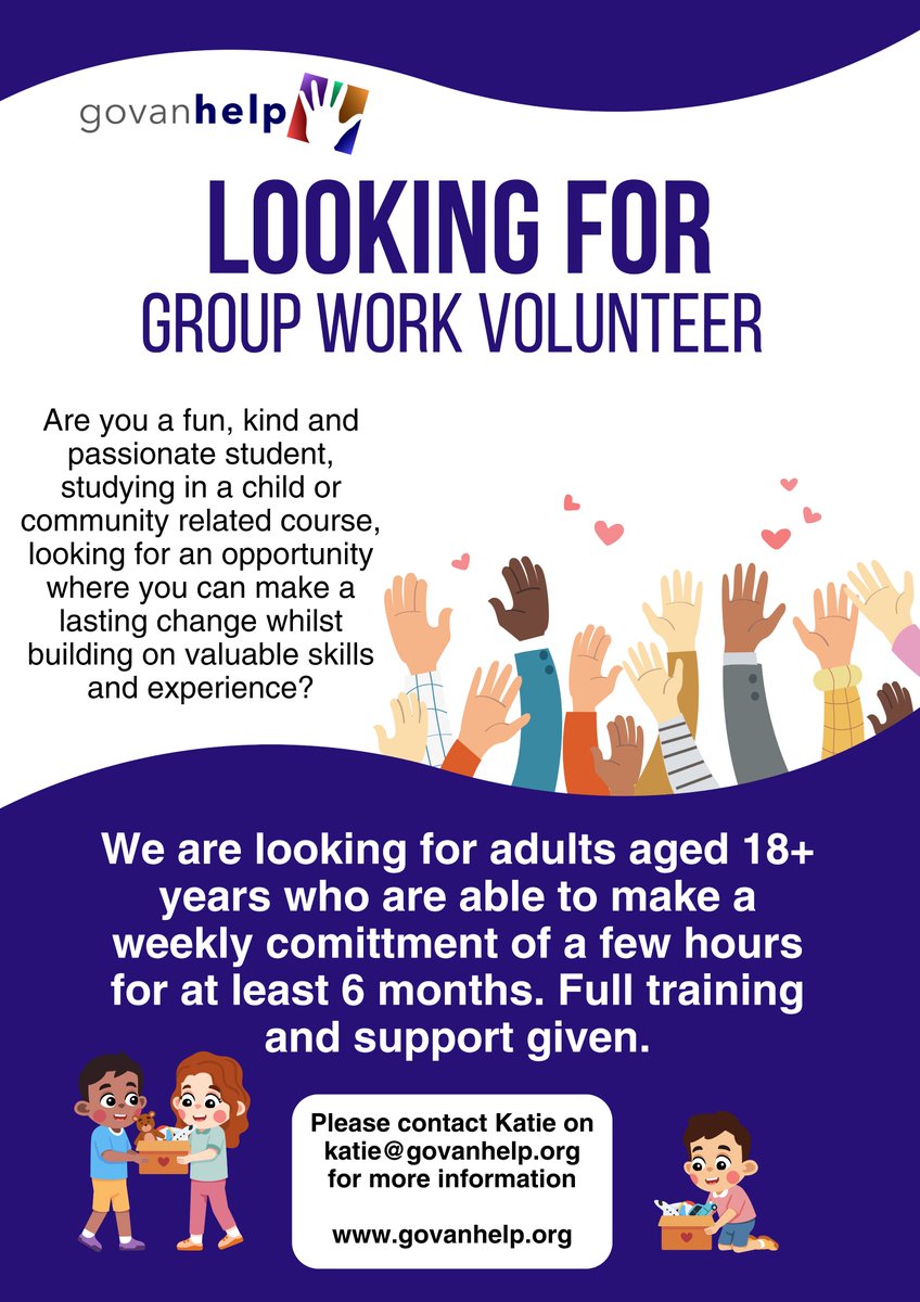 GovanHELP's tweet image. Volunteering Opportunity!

We are looking for volunteers (18+) who can commit a few hours each week for at least 6 months. Full training and support provided!

📩 Contact Katie at katie@govanhelp.org for more info.
🌍 Learn more: govanhelp.org
