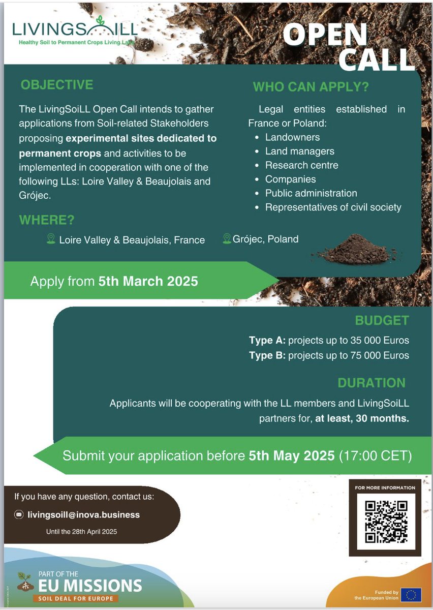 🚀 LivingSoiLL Open Call – Apply Now! 🌱

We’re looking for soil-related stakeholders to help advance innovative soil health solutions in our Living Labs in Loire Valley &amp; Beaujolais 🇫🇷 &amp; Grójec 🇵🇱.

📅 Deadline: May 5, 2025
🔗 Apply here: ec.europa.eu/eusurvey/runne…