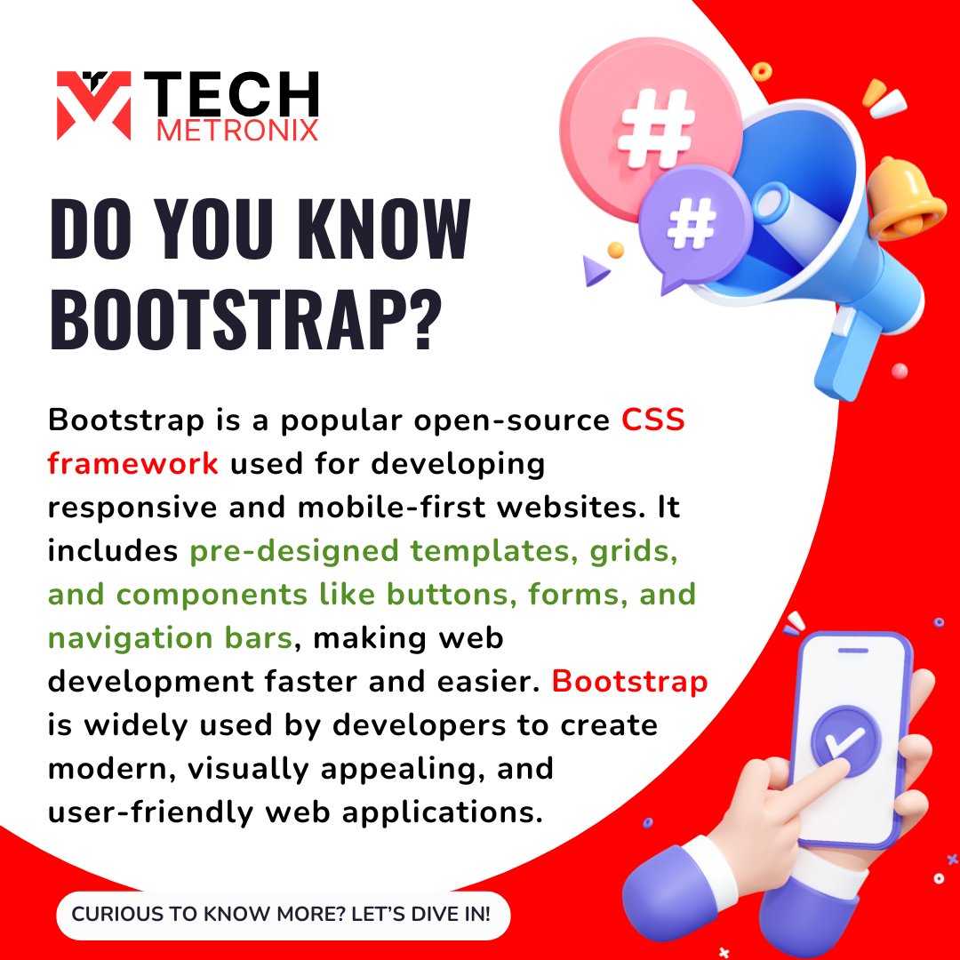 Techmetron70103's tweet image. Do you know Bootstrap? It's the go-to framework for building responsive, mobile-first websites! Master it and take your web design skills to the next level!
#webdevelopment #bootstrapframework #frontenddeveloper #responsivewebdesign #bootstrap4 #bootstrap5 #codinglife