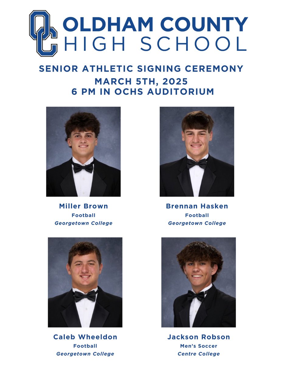 OldhamCountySports (@oldhamcosports) on Twitter photo Come out tonight and celebrate these four young men who have signed to continue their athletic careers. Our Athletic Signing Ceremony is at 6pm in the Auditorium. Go be great! #WEAREOC @Matt_JacobsonOC <a href="/OldhamEraSports/">Oldham Era Sports</a> <a href="/OCBoosters/">OCHSAthleticBoosters</a> @TeamOldhamSuper Come out tonight and celebrate these four young men who have signed to continue their athletic careers. Our Athletic Signing Ceremony is at 6pm in the Auditorium. Go be great! #WEAREOC @Matt_JacobsonOC <a href="/OldhamEraSports/">Oldham Era Sports</a> <a href="/OCBoosters/">OCHSAthleticBoosters</a> @TeamOldhamSuper