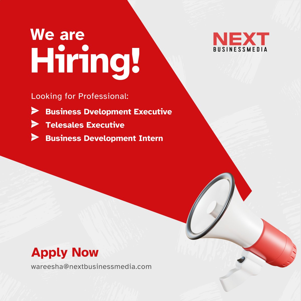 We’re Hiring! Interns &amp; Freshers Wanted at Next Business Media 🚀

Are you ready to kickstart your career with a company that values innovation and creativity? Next Business Media is looking for driven and ambitious individuals to join us immediately!