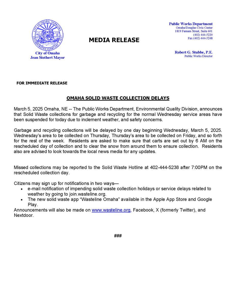 FCC residential trash and recycling collections will be delayed one day the rest of the week due to unsafe conditions.