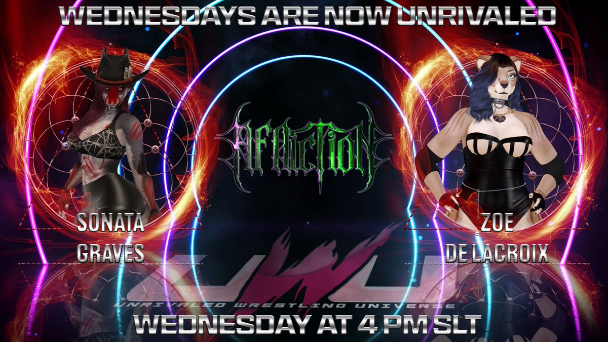 Another night of Unrivaled Wrestling Universe Affliction starts at 4pm SLT!

First match is newcomer Zoe De Lacroix facing off against Sonata Graves!

#UWU #Affliction #SLPW #Secondlife #Secondlifewrestling