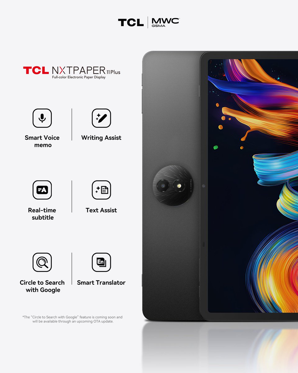 TCLMobileGlobal's tweet image. TCL NXTPAPER 11 Plus makes your life easier with Smart Voice Memo, Writing Assist, and real-time subtitles. Access info seamlessly with Smart Translator and Circle to Search with Google.
#TCL #TCLNXTPAPER11Plus #SmartTech #InspireGreatness