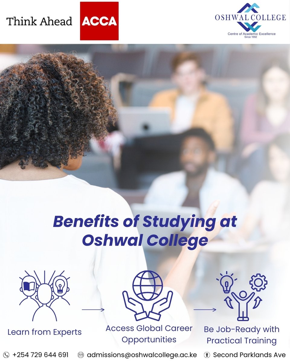 ACCA March Intake at Oshwal College! 📚🚀
Take the first step toward your dream career with:

✅ ACCA Foundations in Accountancy (FIA) Level
✅ ACCA Applied Knowledge Level

#ACCA #AccountingCareer #OshwalCollege #FinanceEducation #EducationMatters #KenyaEducation #CareerGoals