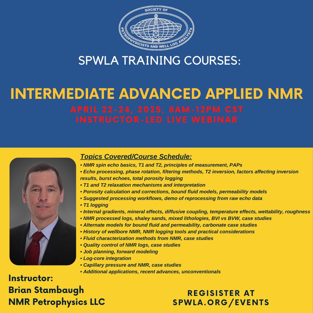 SPWLA is hosting two NMR classes taught by Brian Stambaugh. These are each four hours for three days. Registration is through the SPWLA website.

#spwla #NMR