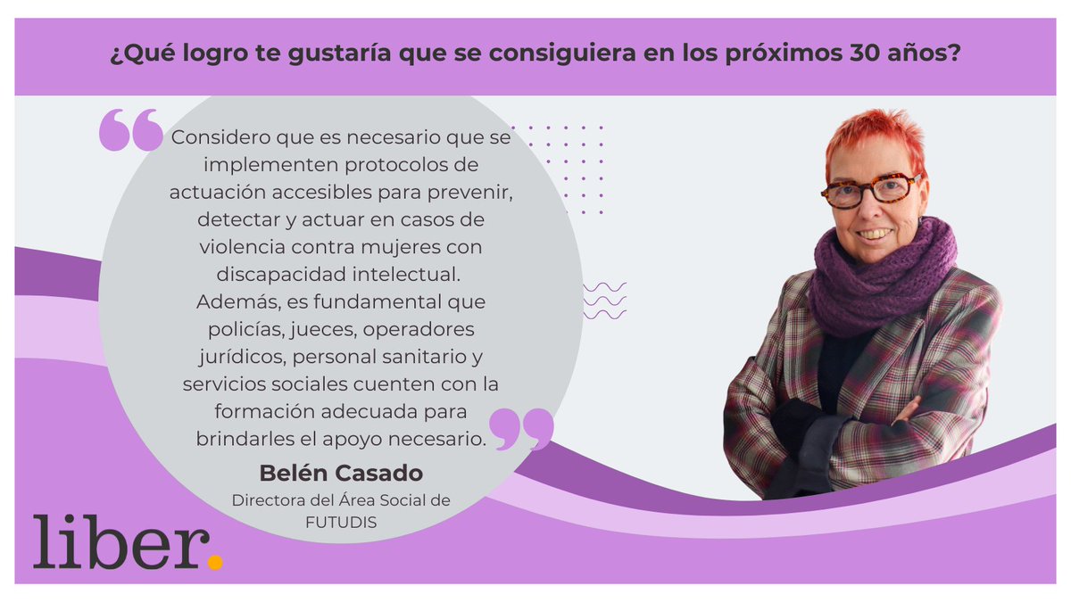 AsociacionLiber's tweet photo. ¿Y qué le gustaría a Belén, Directora del Área Social de @FT_Futudis, que se consiguiera en #igualdad de las mujeres con #discapacidadintelectual en los próximos 30 años?

Esto es lo que nos ha dicho ⬇️

#30añosdeluchaporlaIGUALDAD #8M2025 https://t.co/ZFoh6dJTM5