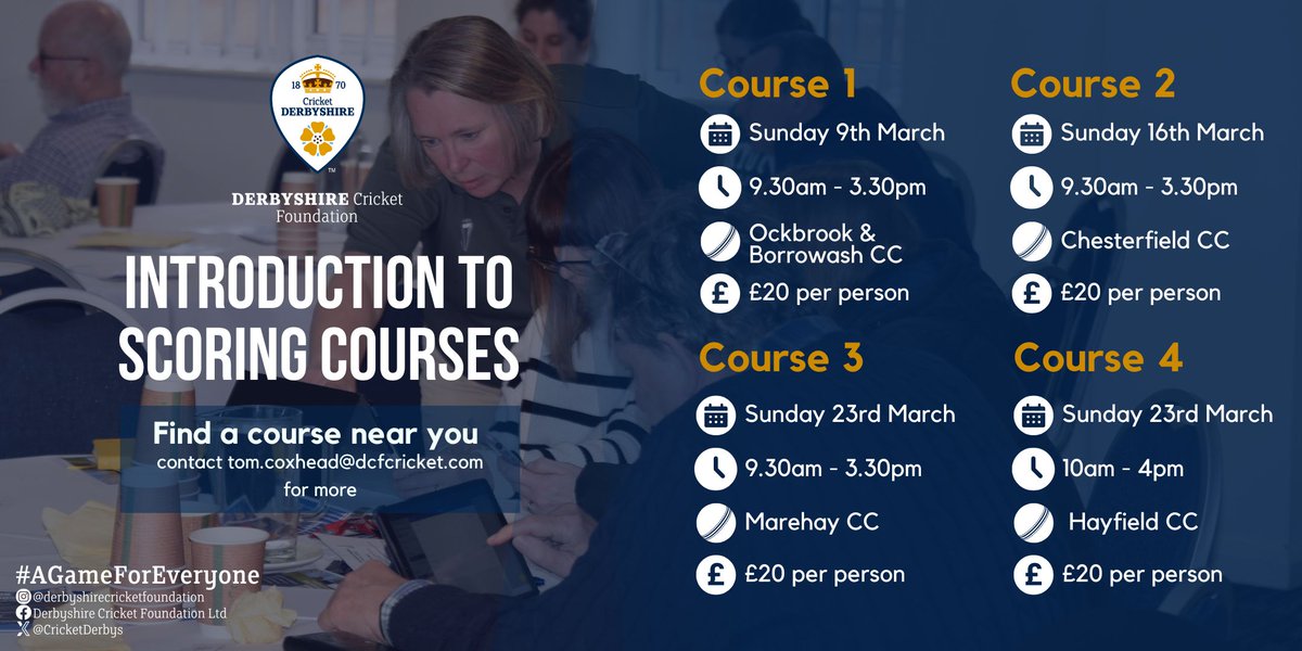Derbyshire Cricket Foundation 🏏 (@cricketderbys) on Twitter photo Intro to Scoring Courses
This is ideal for complete beginners or as a refresher for anyone returning to scoring. It covers the very basics of scoring.
📌Courses at <a href="/MarehayCC/">Marehay Cricket Club</a>, <a href="/OandBCC/">OBCC</a>, <a href="/Chesterfield_CC/">Chesterfield Cricket Club</a>, and <a href="/HayfieldCricket/">Hayfield CC</a>
💷£20
Find Out More⤵️
dcfcricket.com/scorers-course… Intro to Scoring Courses
This is ideal for complete beginners or as a refresher for anyone returning to scoring. It covers the very basics of scoring.
📌Courses at <a href="/MarehayCC/">Marehay Cricket Club</a>, <a href="/OandBCC/">OBCC</a>, <a href="/Chesterfield_CC/">Chesterfield Cricket Club</a>, and <a href="/HayfieldCricket/">Hayfield CC</a>
💷£20
Find Out More⤵️
dcfcricket.com/scorers-course…
