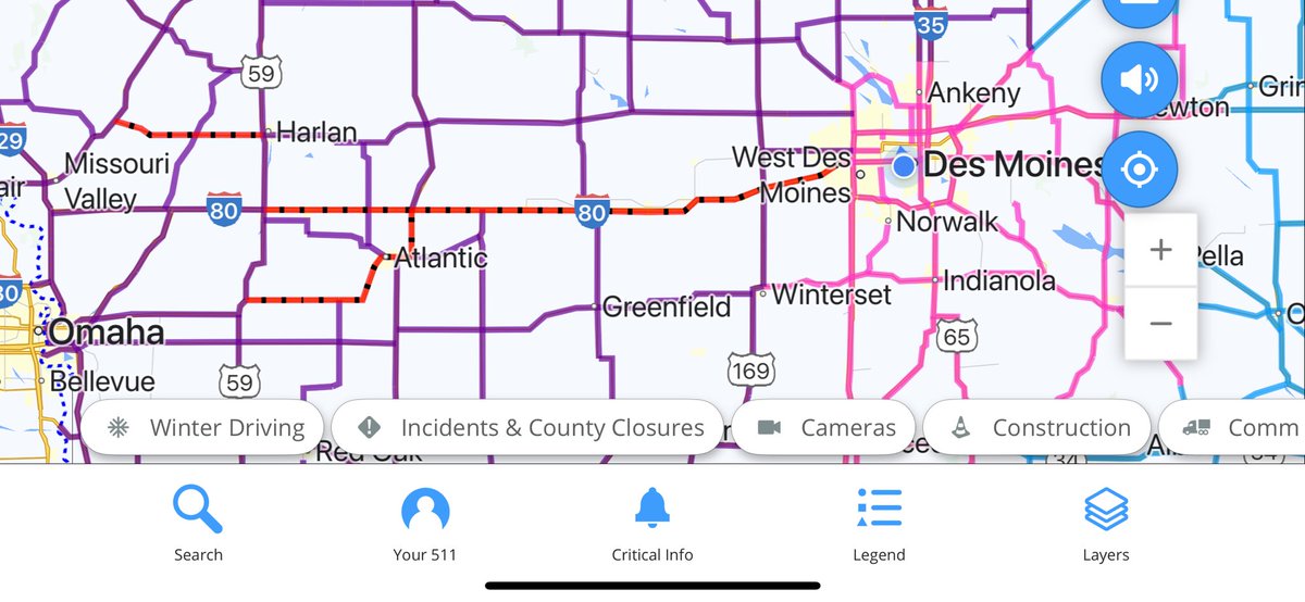 ‼️ Interstate 80 west of the metro marked ‘IMPASSABLE’ by the <a href="/iowadot/">Iowa DOT</a> <a href="/statewideia511/">Iowa 511</a> as shown in orange