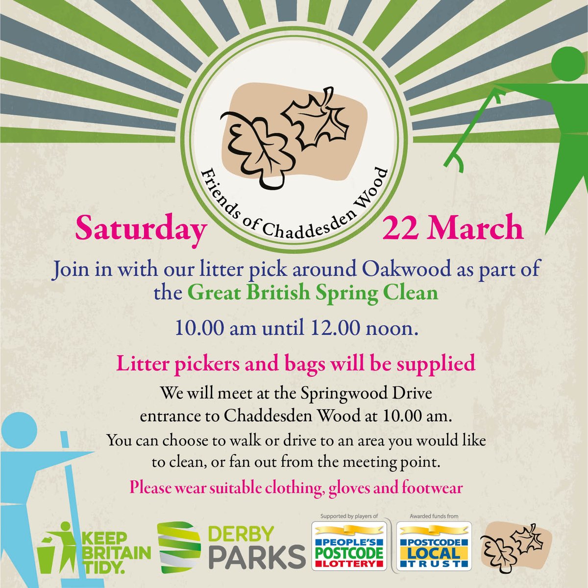 On Saturday 22 March, our Litter Pick will be from 10.00 to 12.00 noon. We will provide sanitised Litter Pickers and bags. Please wear suitable clothing &amp; footwear. Meet at the Springwood Drive entrance. <a href="/derby_parks/">Derby Parks</a> @OakwoodDerby #GBSpringClean