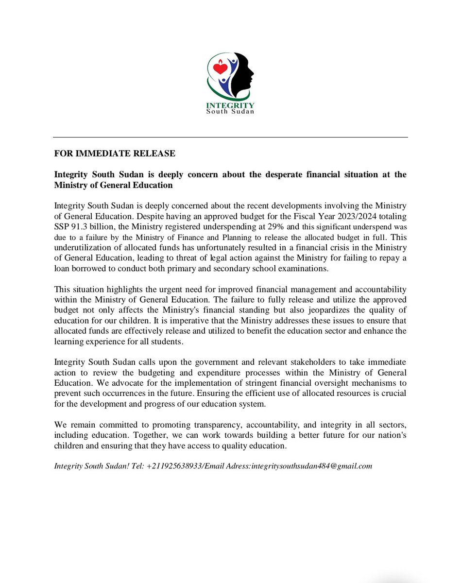Integrity South Sudan (@integritysouth) on Twitter photo Integrity South Sudan calls for the priorization of education funding in South Sudan.
#SSOT
<a href="/USMissionJuba/">U.S. Embassy in Juba</a>
<a href="/Priya_Nicole/">Priya Nicole Sippy</a> Integrity South Sudan calls for the priorization of education funding in South Sudan.
#SSOT
<a href="/USMissionJuba/">U.S. Embassy in Juba</a>
<a href="/Priya_Nicole/">Priya Nicole Sippy</a>