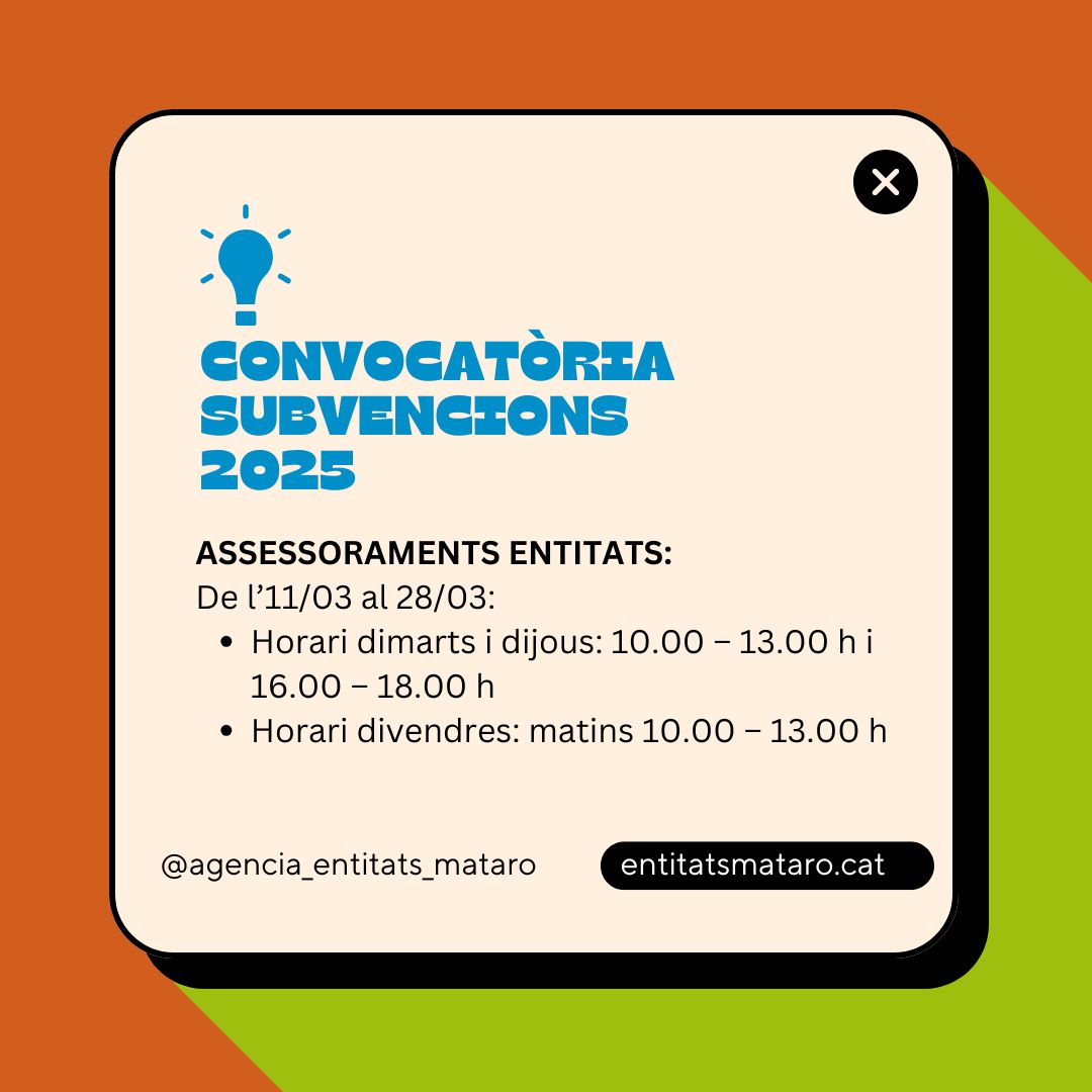📢 Necessiteu ajuda per presentar-vos a la convocatòria de subvencions per a entitats? #Mataró

👉 Assessoraments a entitats
📅 De l'11 al 28 de març

📅Presentació de sol·licituds del 18/3 al 7/4
+info entitatsmataro.cat
