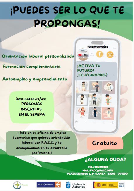 ✅Puedes ser lo que te propongas...
❓Pregunta por el programa #PIOME en tu oficina de empleo y comunica que quieres orientación laboral con la #FACC
🔑Orientación laboral
🗝️Formación complementaria
🔐Autoempleo y emprendimiento
🔮Activa tu futuro, ¿Te ayudamos?
