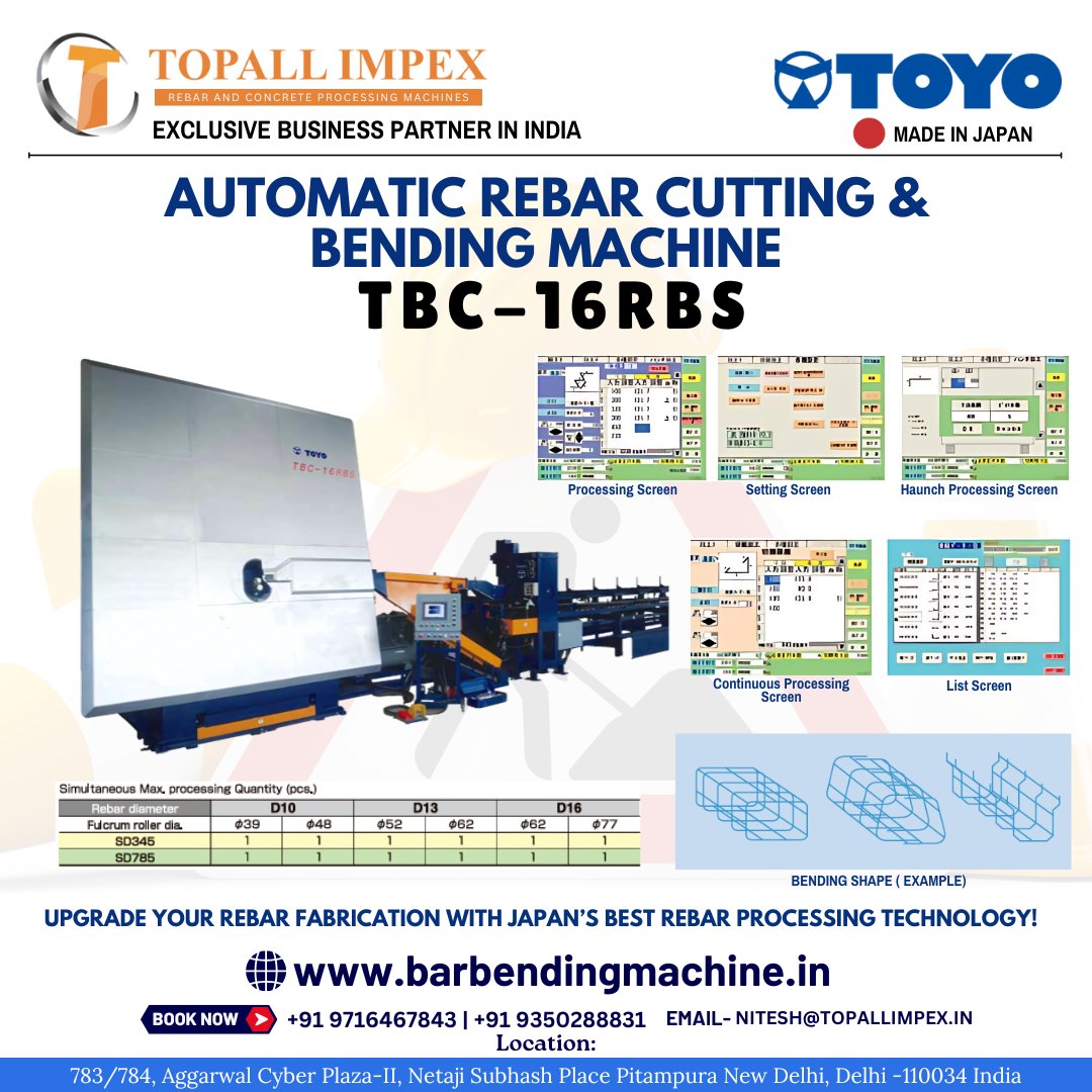 Topallimpex's tweet image. Introducing TOYO TBC-16RBS – The Ultimate Automatic Rebar Cutting &amp;amp; Bending Machine!

Topall Impex, the exclusive partner of TOYO in India, brings you the next-generation TBC-16RBS – engineered for high-speed, precision, and efficiency in rebar processing.
#TOYO #RebarMachine