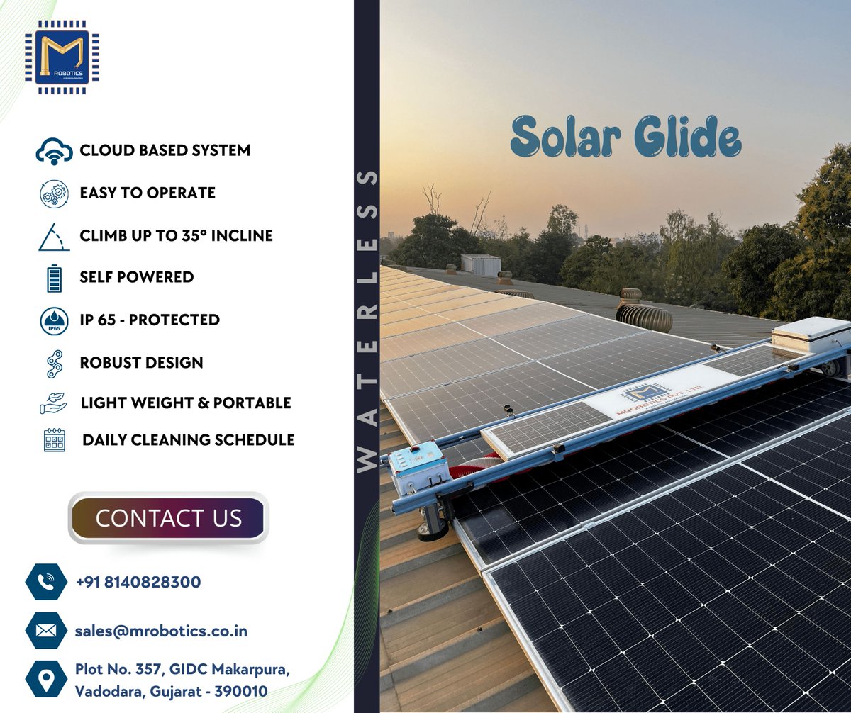 mrobotics_PLTD's tweet image. 🚀 SOLAR GLIDE – Smart Solar Panel Cleaning Robot! ☀️⚡WiFi-operated, app-controlled, waterless &amp;amp; self-powered for efficient cleaning! 🌍♻️ Easy to use, sustainable &amp;amp; highly effective.
📍 MRobotics Pvt Ltd, Vadodara
📩 sales@mrobotics.co.in | 📲 +91 8140828300
#SolarGlide