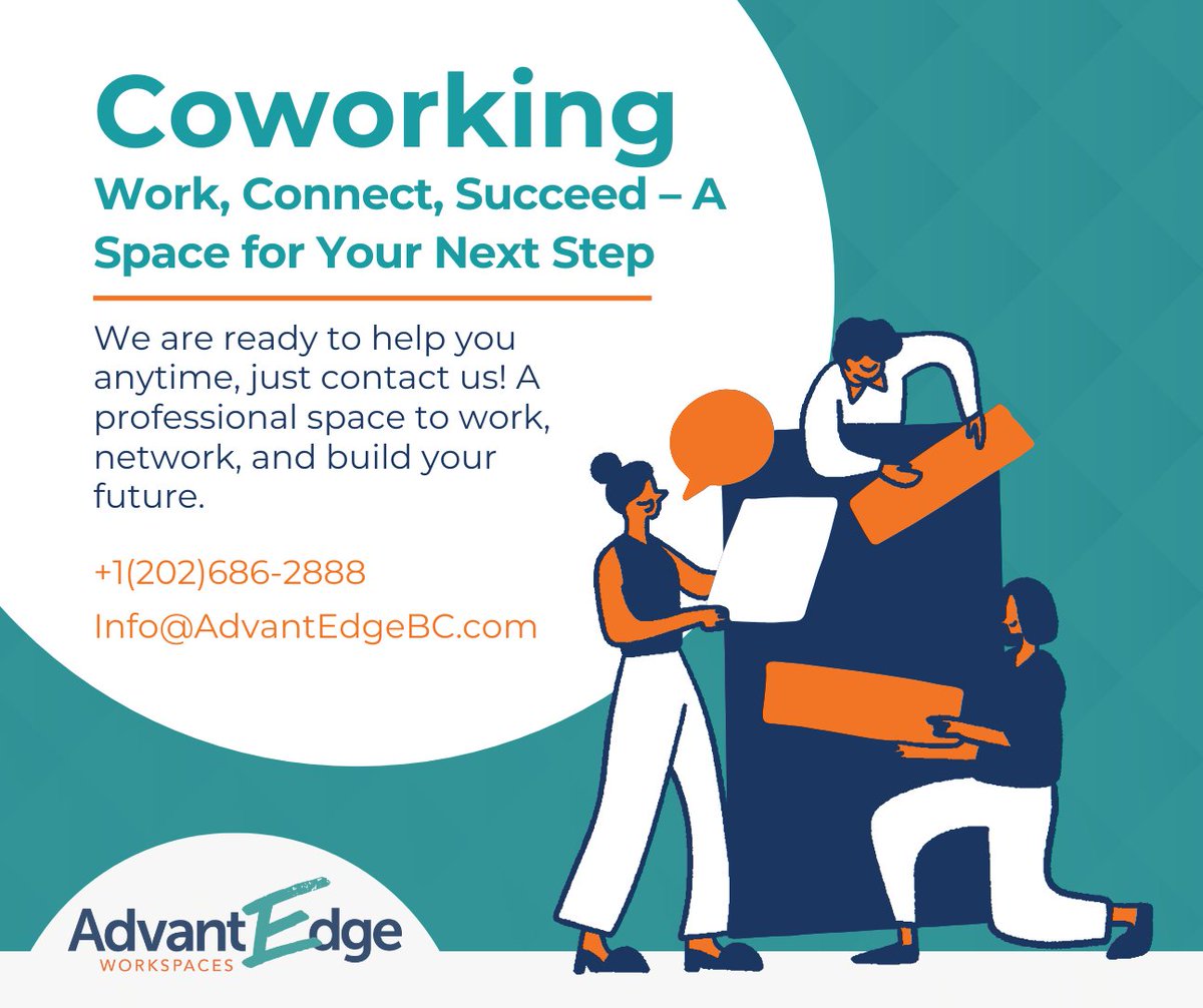 AdvantEdge Workspaces (@advantedgebc) on Twitter photo 🚀 Work, Connect, Succeed.
Your next big move starts with the right workspace. 💼
📍 Flexible, professional coworking & office spaces in Chevy Chase (Now) & Georgetown (July 1st)
Let’s get to work! 💪 info@AdvantEdgeBC.com
✨ Explore your options here: advantedgebc.com/flexible-works… 🚀 Work, Connect, Succeed.
Your next big move starts with the right workspace. 💼
📍 Flexible, professional coworking & office spaces in Chevy Chase (Now) & Georgetown (July 1st)
Let’s get to work! 💪 info@AdvantEdgeBC.com
✨ Explore your options here: advantedgebc.com/flexible-works…